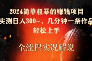 2024简单粗暴的赚钱项目，实测日入300+，几分钟一条作品，轻松上手【揭秘】