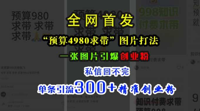 小红书“预算4980带我飞”图片打法，一张图片引爆创业粉，私信回不完，单条引流300+精准创业粉