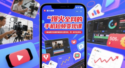爆火全网的手机短视频变现课,0基础教你拍摄剪辑涨粉运营变现,用一部手机挣钱