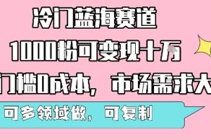 冷门蓝海赛道，1000粉可变现十W，无门槛0成本，市场需求大，可多领域做，可复制性强